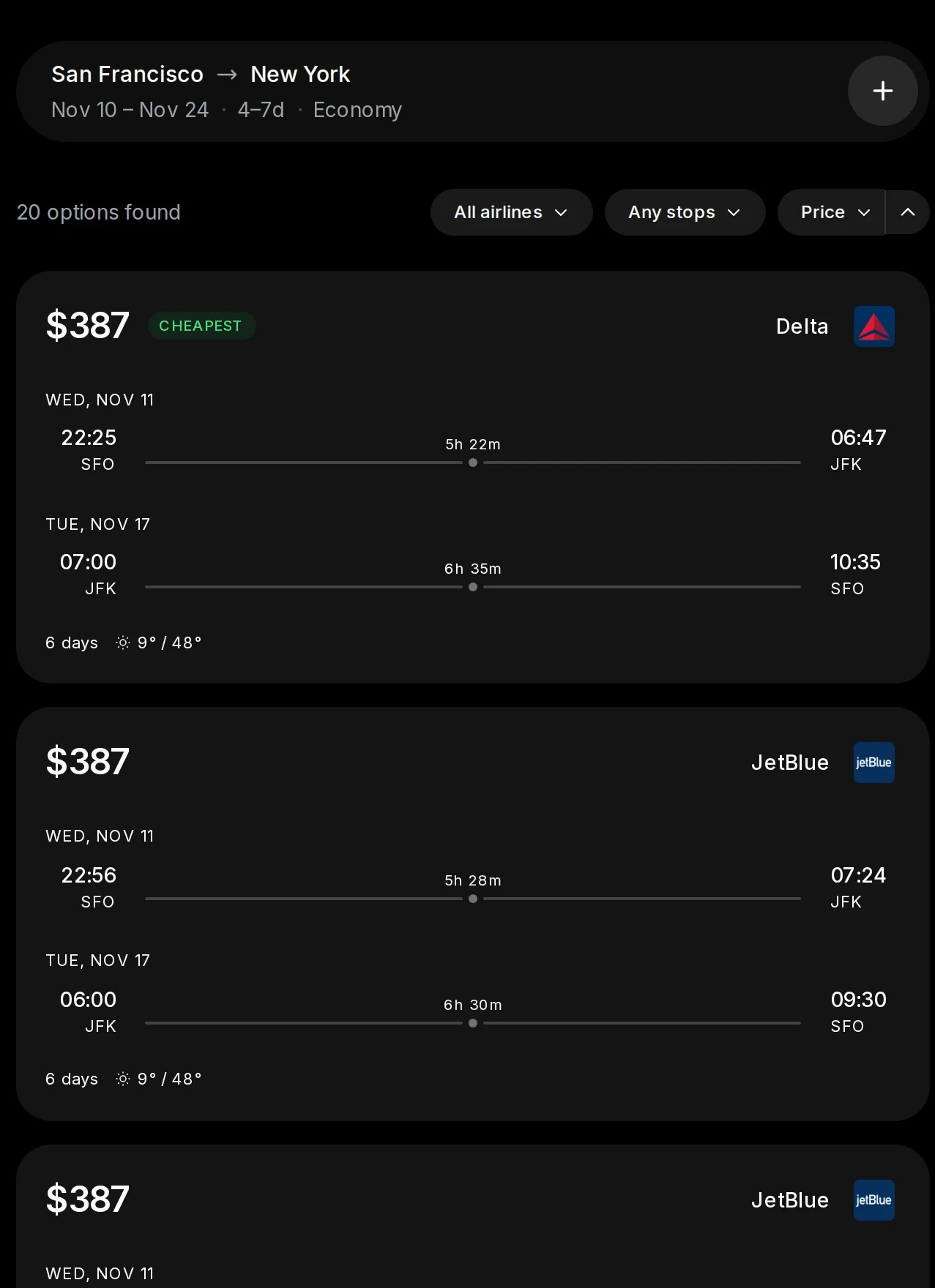 AiroFind results for San Francisco to New York, November 10 to 24