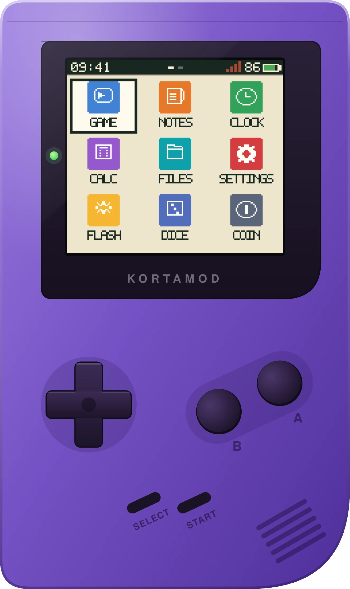 A purple Chromatic running KortaMod’s home screen: Game, Notes, Clock, Calc, Files, Settings, Flash, Dice and Coin