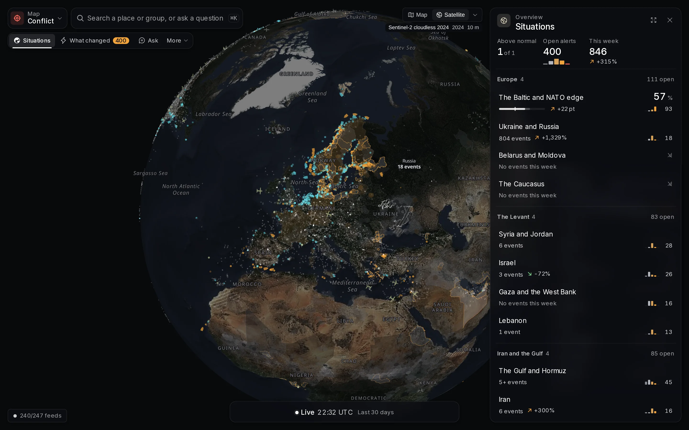 Meridian over satellite imagery, with the situations panel open